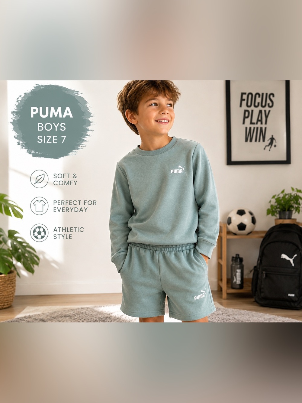 PUMA Boys Matching Sweatshirt & Shorts Set Sage Green Size 7 EUC